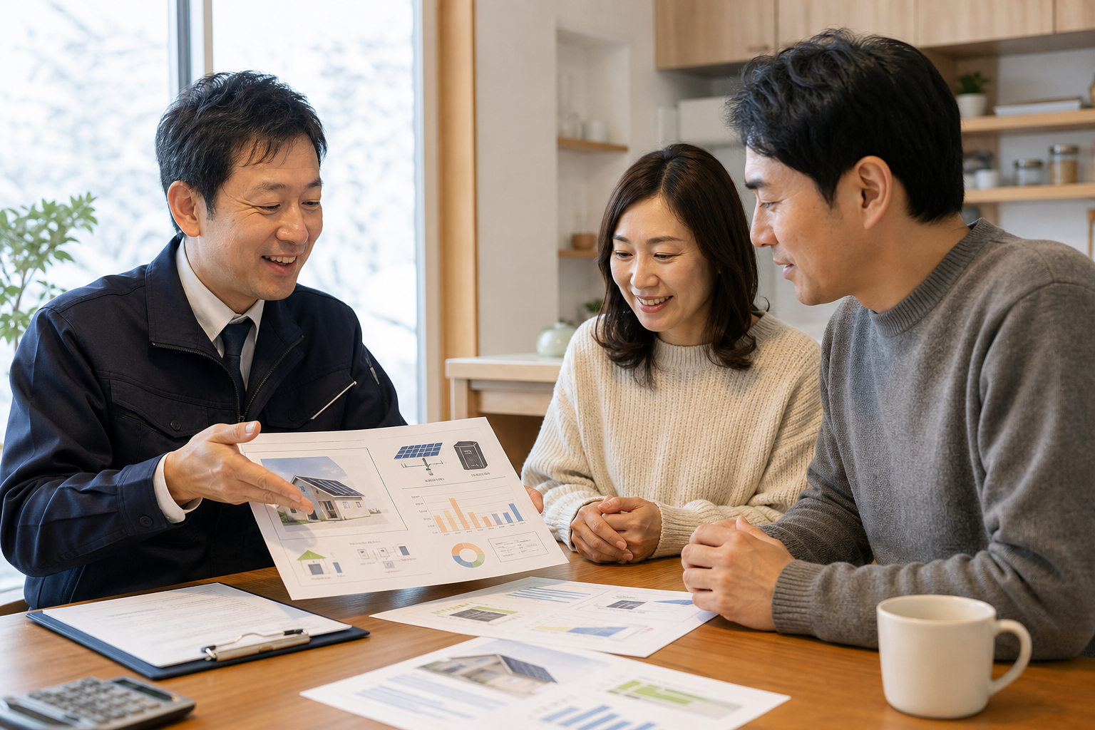 エネがえるのシミュレーションを見ながら相談するイメージ