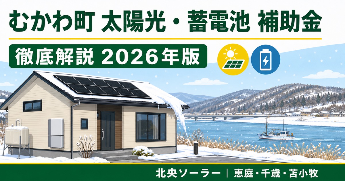 むかわ町の戸建て住宅と太陽光パネル・蓄電池のイメージ（鵡川・穂別エリア向け補助金徹底解説）